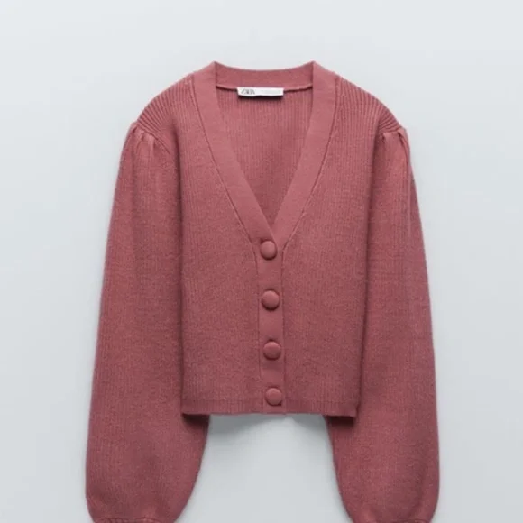 Zara Dark Rose Pink Mauve Knit Puff Shoulder Sleeves Button Up V Neck Cardigan L - Picture 5 of 7